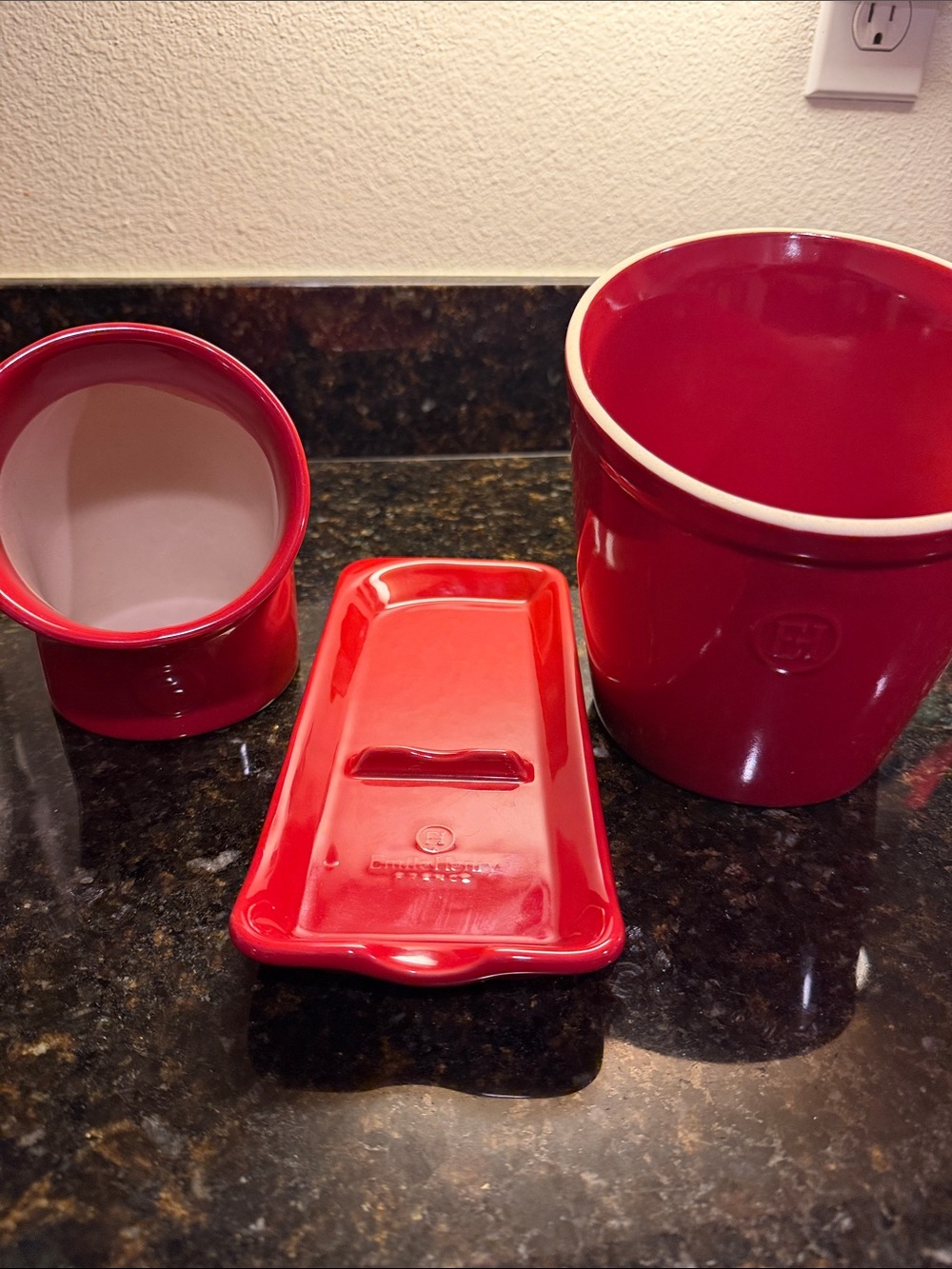 Emile Henry Spoon Rest, Salt Cellar and Utencil holder. Made in France. RED
